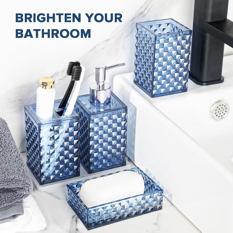 RYTOXILO Bathroom Accessories Set, 4 Pack Blue Acrylic Bath Accessory Sets Complete, Diamond Soap Dispenser and Toothbrush Holder Bathroom Counter Sink Set, Boho Modern Bathroom Decor - Image 5